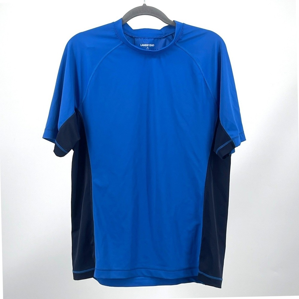Lands End Rash Guard Mens M Blue Navy Short Sleeve Swim Shirt UPF 50